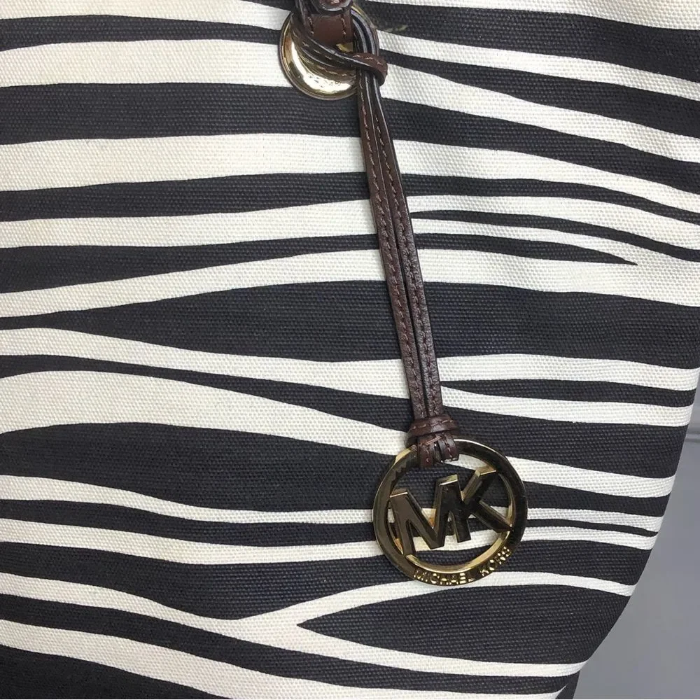 MICHAEL KORS Black Ivory Zebra Striped Shoulder Bag with Brown Leather Handles - Picture 9 of 16